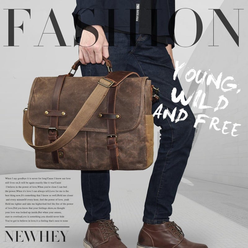 NEWHEY Mens Messenger Bag 15.6 Inch Waterproof Vintage Genuine Leather Waxed Canvas Briefcase Large Leather Computer Laptop Bag Rugged Satchel Shoulder Bag, Brown - Image 5
